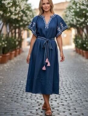 Ex Voto Bri Women’s Embroidered Midi Dress XS/S Tassel Maxi Stargazer Blue NWT